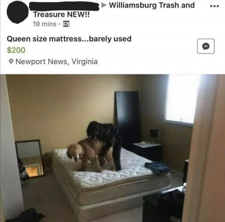 A screenshot of a Facebook Marketplace post advertising a 'Queen size mattress...barely used' for $200 in Newport News…