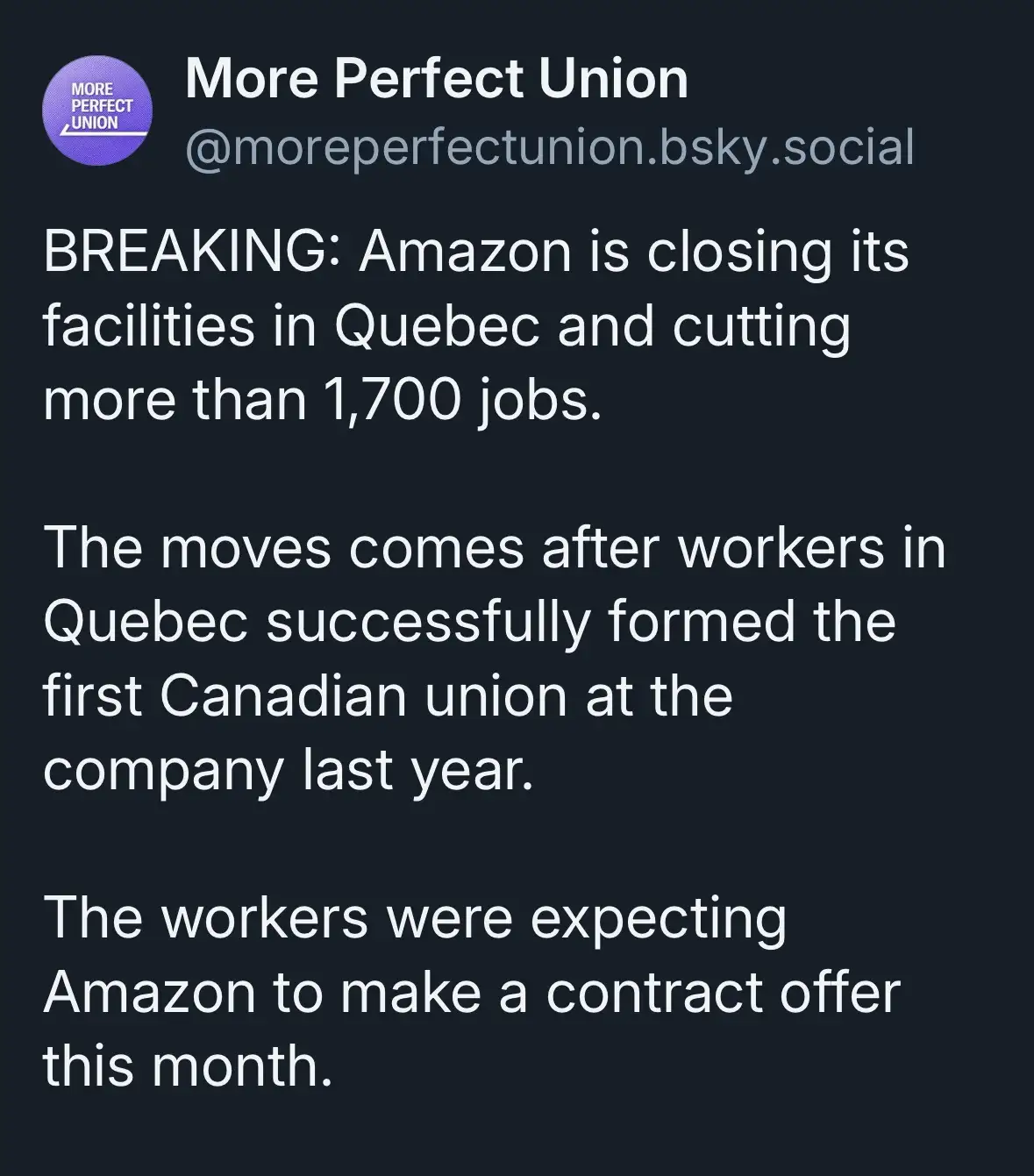 A screenshot of a social media post from 'More Perfect Union' with white text on a dark background. The post reports that…