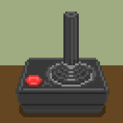 A pixelated image of a classic grey video game controller with a red power button on the left side, set against a two-tone…