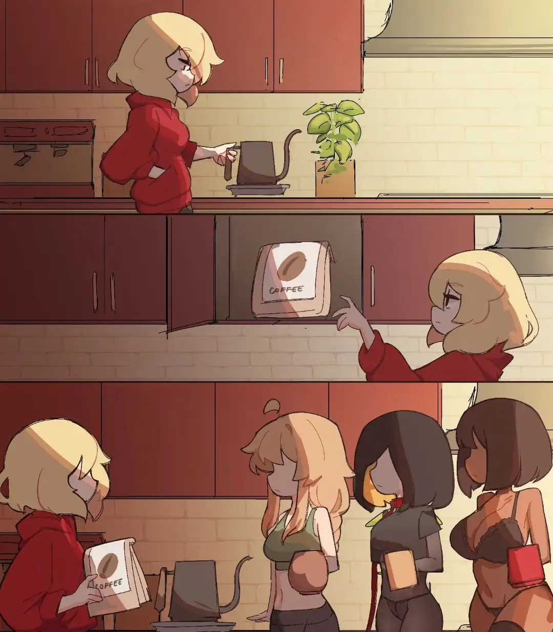 A three-panel anime-style comic shows a blonde woman in a red hoodie making coffee. In the first panel, she pours water into…