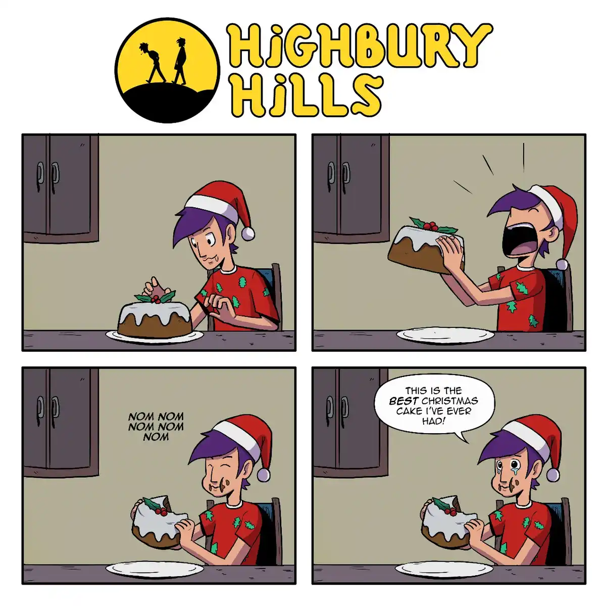 A four-panel comic strip from 'Highbury Hills' shows a boy in a Santa hat eating a Christmas cake. He starts by cutting it…