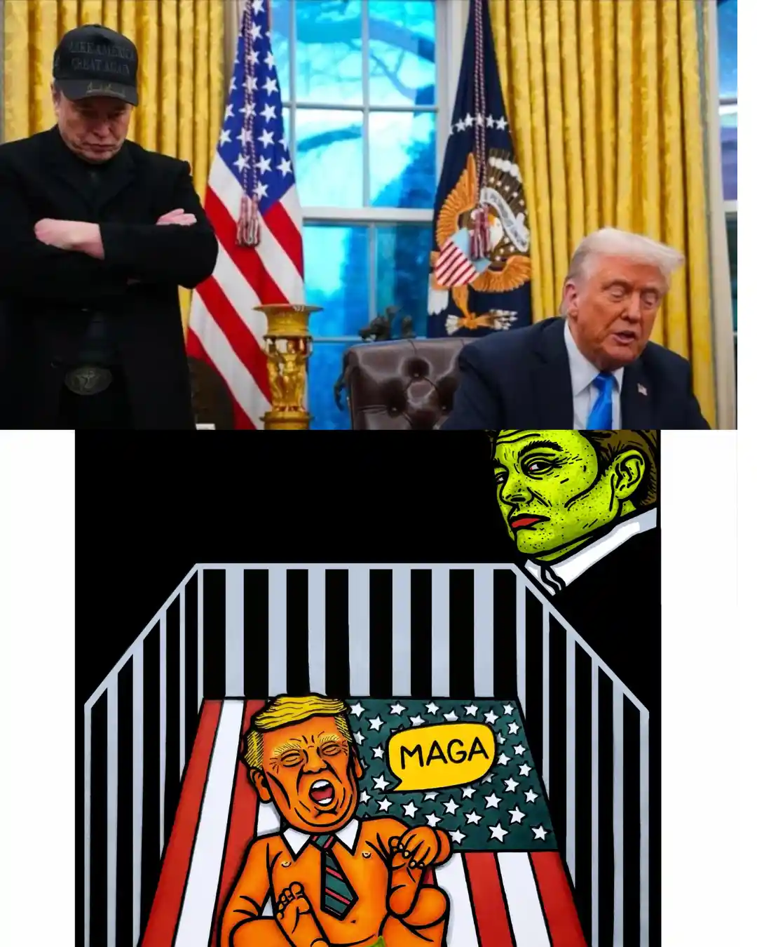 The top panel shows Elon Musk wearing a 'MAKE AMERICA GREAT AGAIN' cap, arms crossed, looking down while Donald Trump sits…
