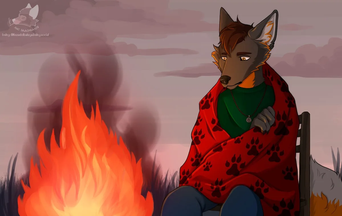 An anthropomorphic wolf with brown fur and orange highlights sits in a chair wrapped in a red blanket with black paw prints…