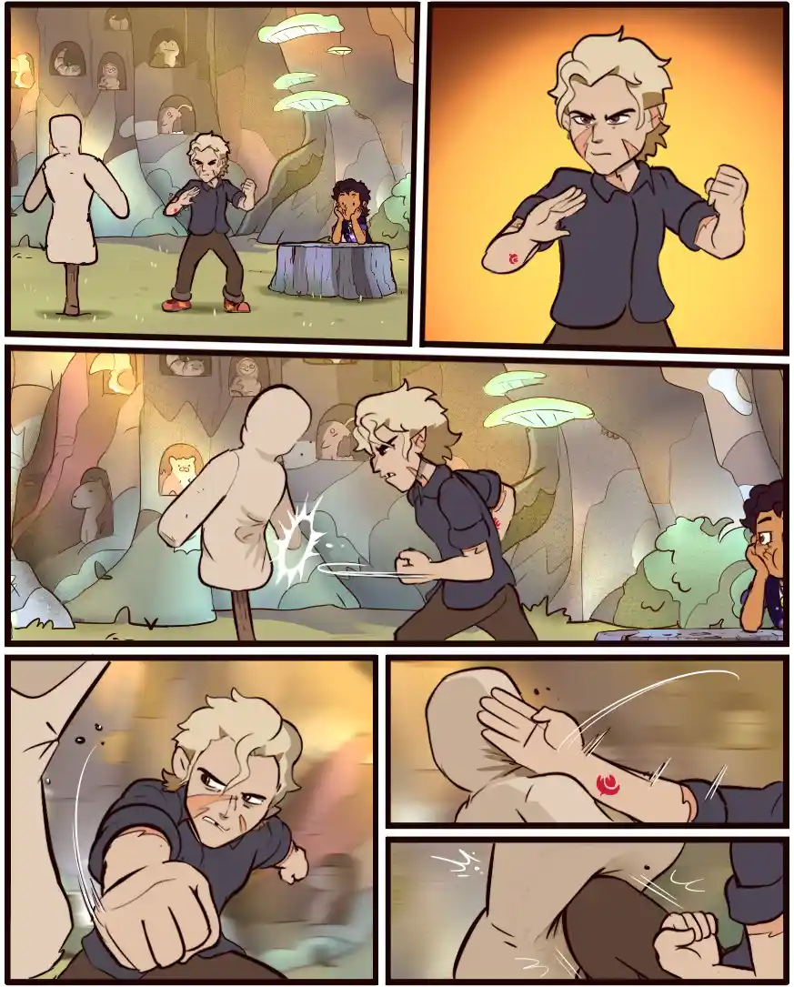 A comic strip shows a man practicing martial arts on a dummy. He starts with a determined stance, then punches the dummy…