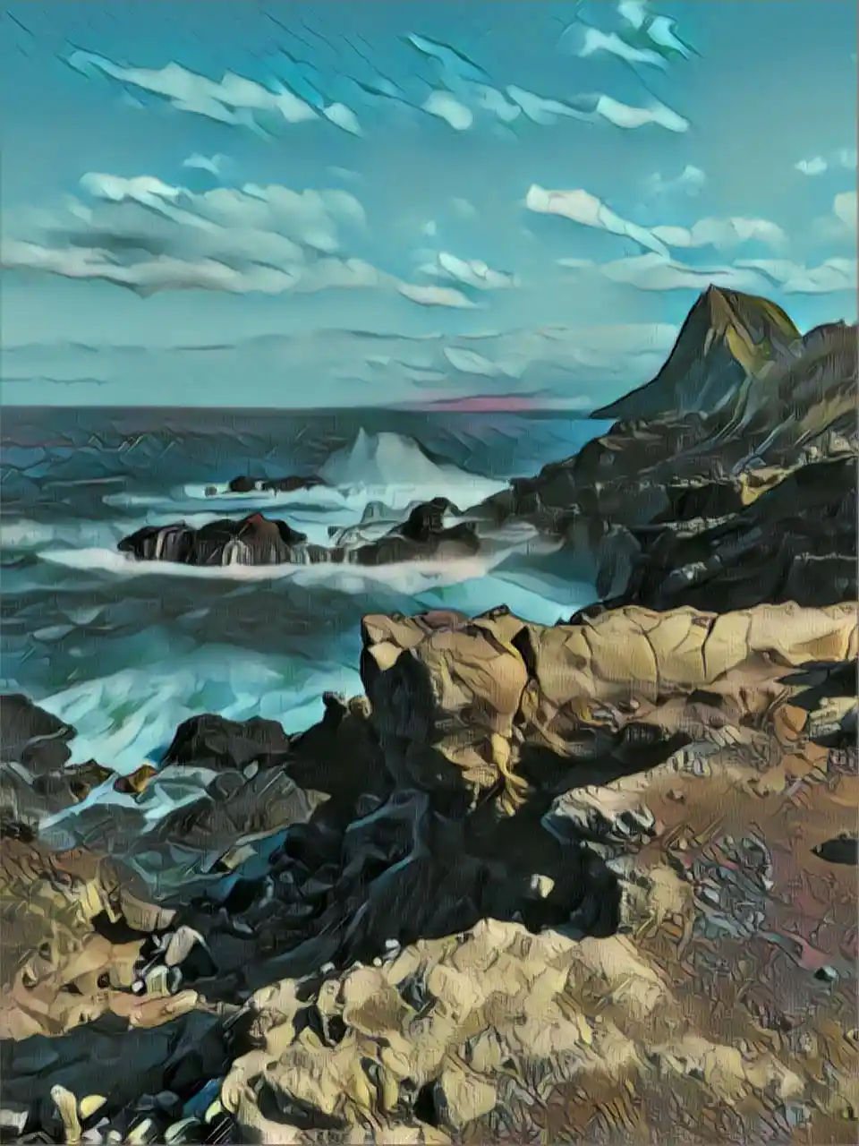 A stylized painting of a rocky coastal scene with crashing waves, distant mountains, and a cloudy sky. The overlaid text…