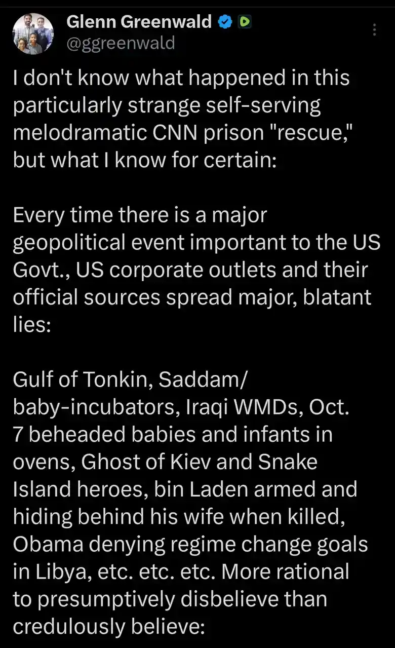 A screenshot of a tweet by Glenn Greenwald criticizing media outlets for spreading false narratives during major…