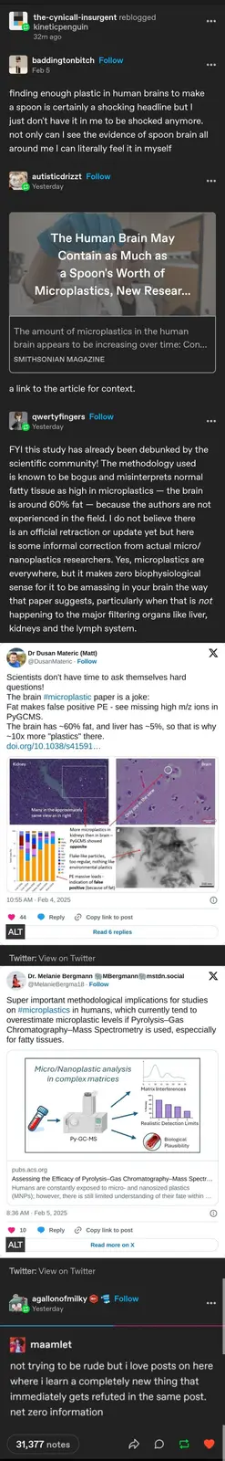 A screenshot of a social media thread discussing a controversial study claiming human brains contain microplastics. The…