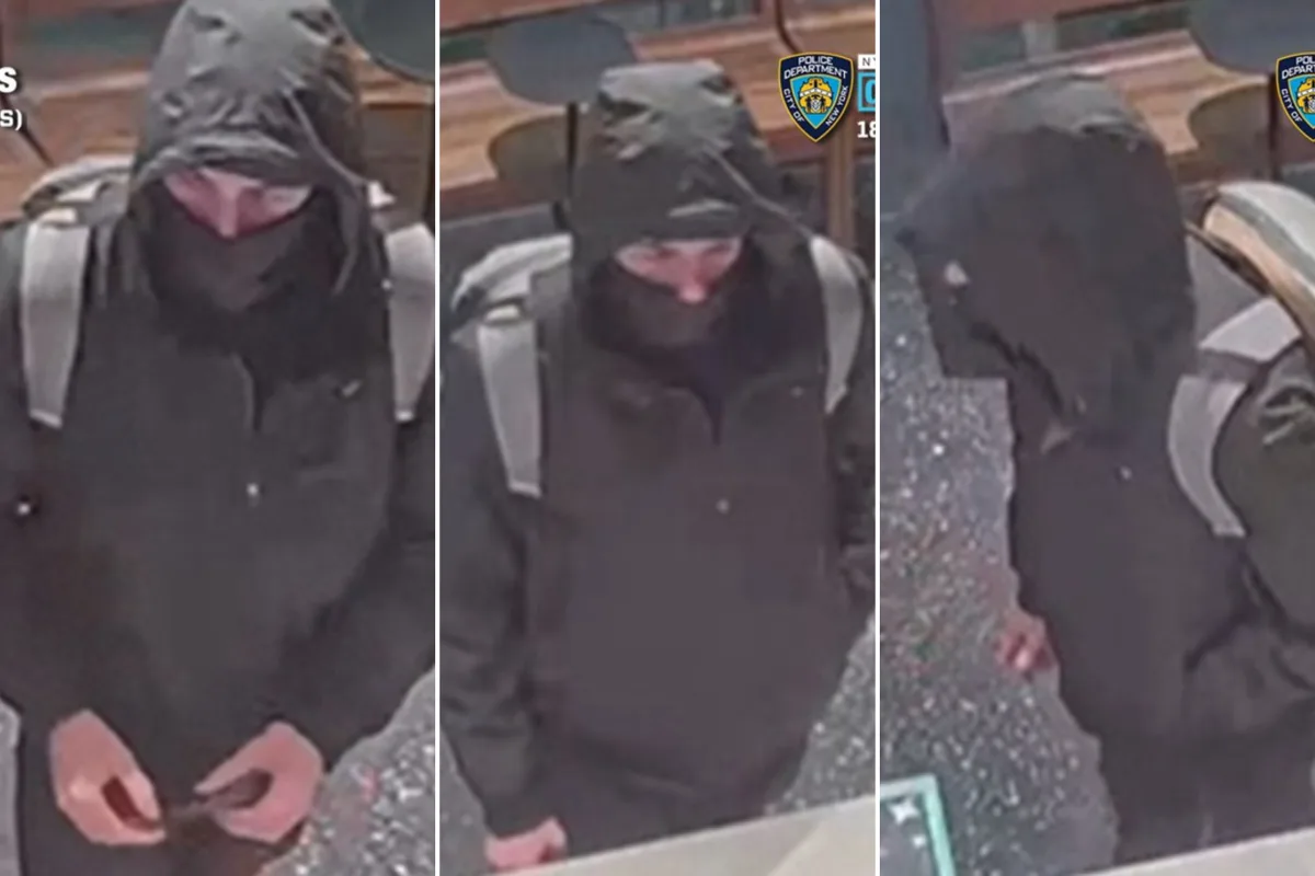 Three surveillance photos show a person wearing a dark hooded jacket, a black face mask, and a backpack with gray straps…
