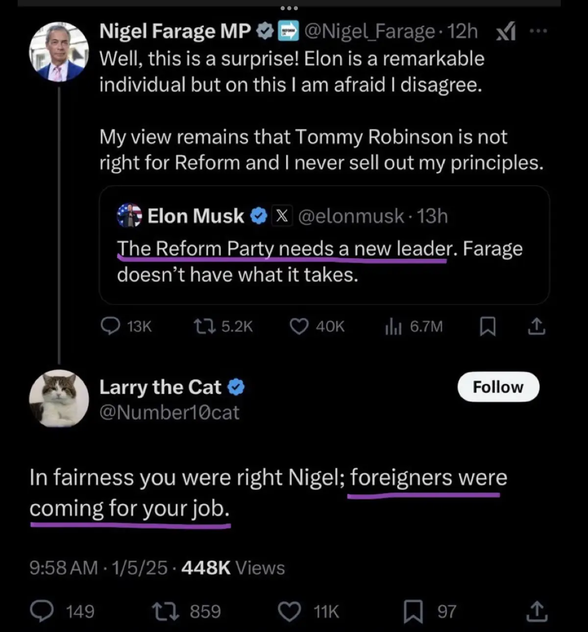 A screenshot of a Twitter thread shows Nigel Farage responding to Elon Musk's tweet that the Reform Party needs a new…
