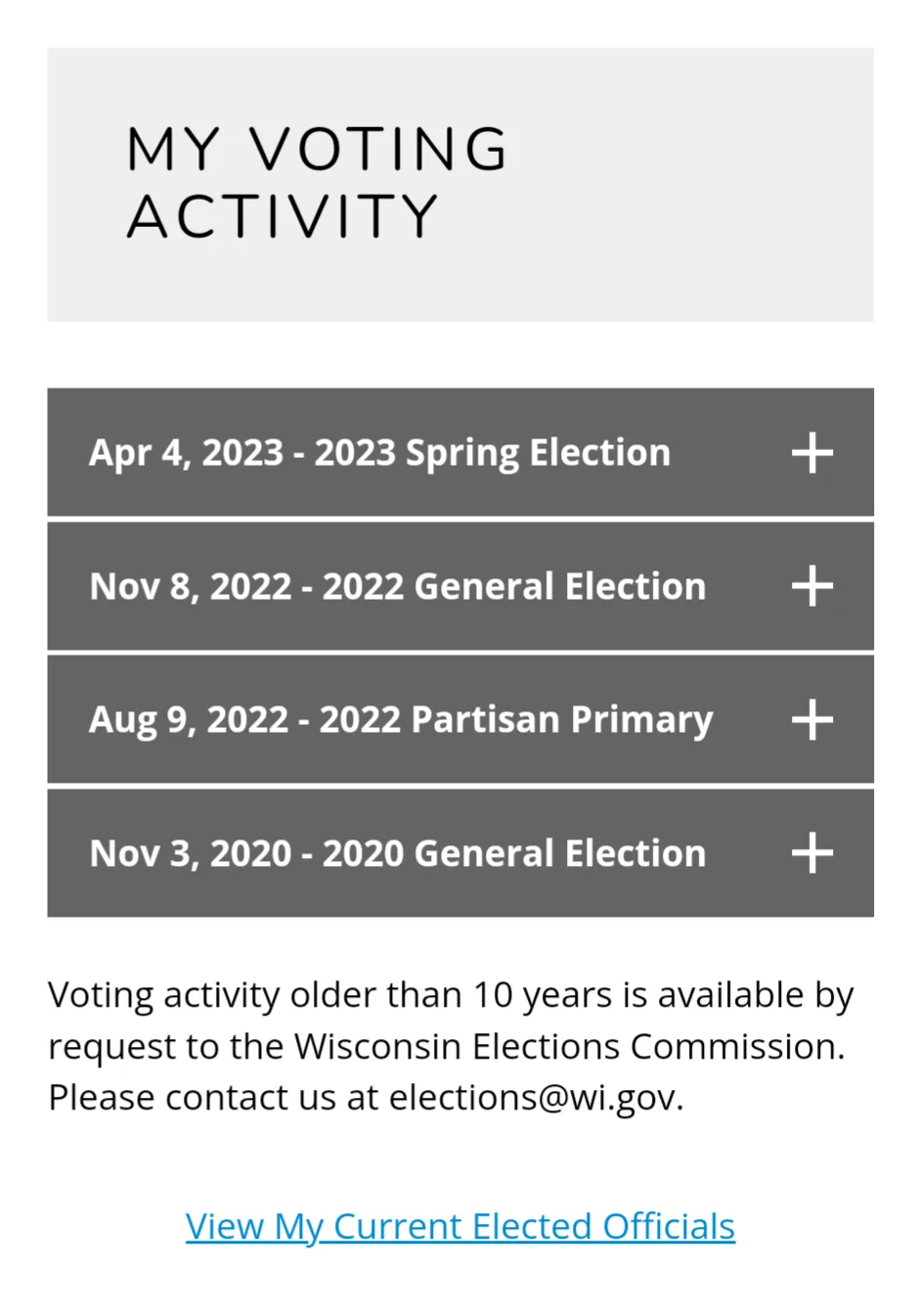 A screenshot of a Wisconsin voter portal showing 'My Voting Activity' with four recent elections listed: 2023 Spring…