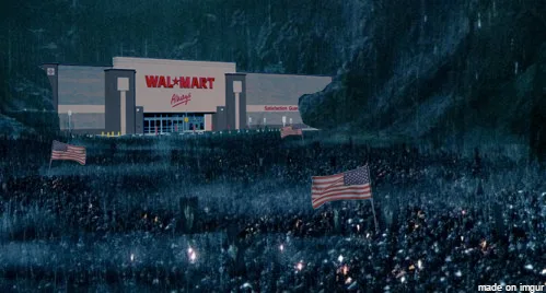 A dark, rainy night scene shows a Walmart store with its sign illuminated, surrounded by a large crowd of people holding lit…
