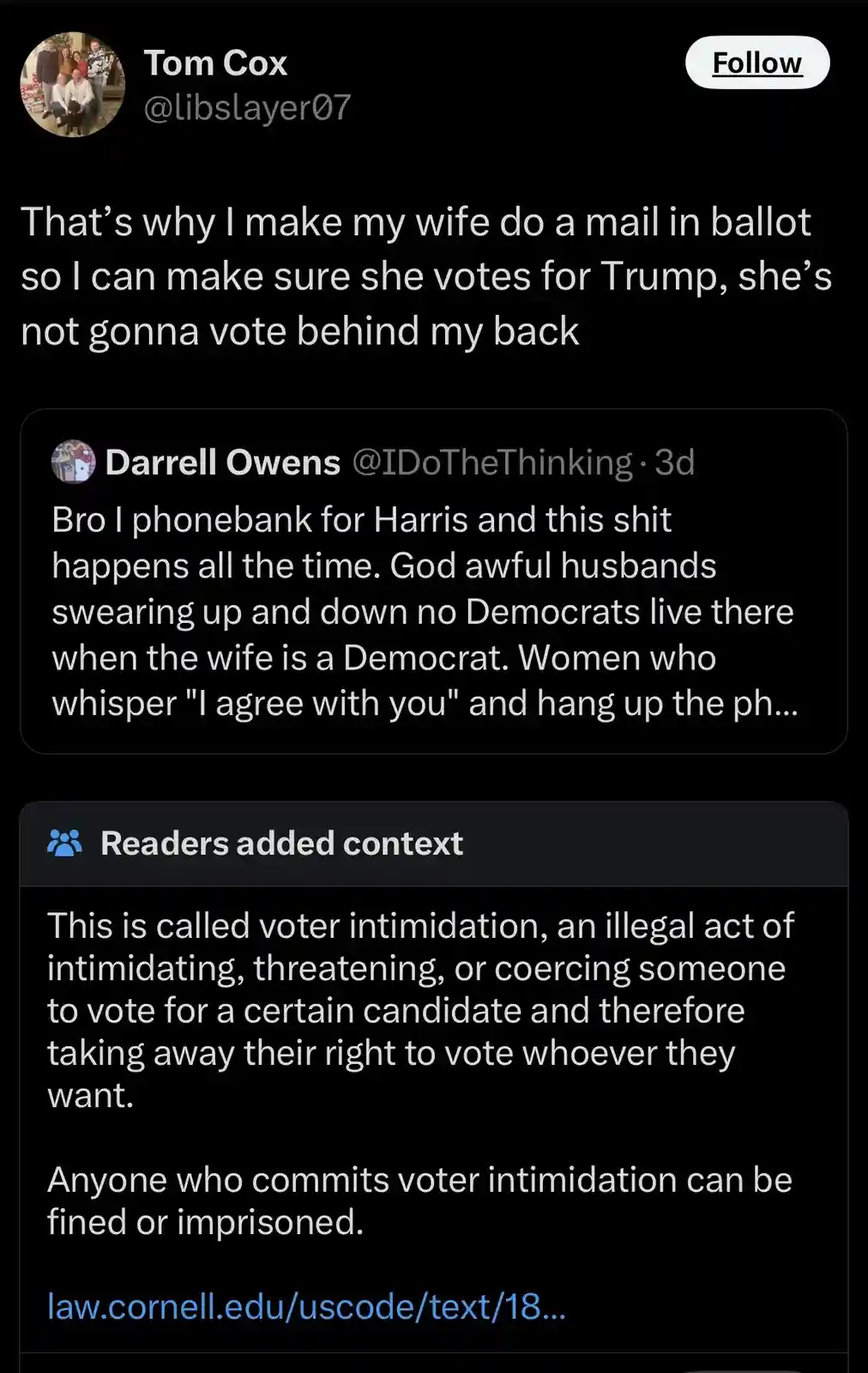 A screenshot of a Twitter thread shows a user named Tom Cox claiming he makes his wife submit a mail-in ballot to ensure she…