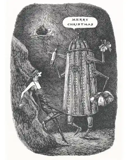 A vintage black-and-white illustration shows a tall, riveted, mechanical robot with multiple arms holding a flaming object…