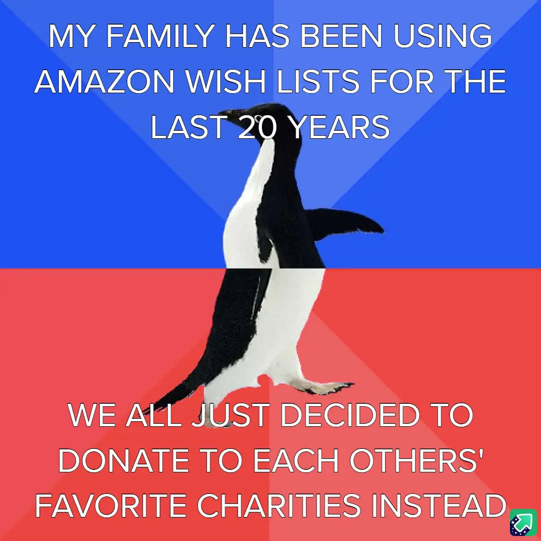 A penguin stands centered against a split blue and red background, with white text overlaid in two sections. The top text…