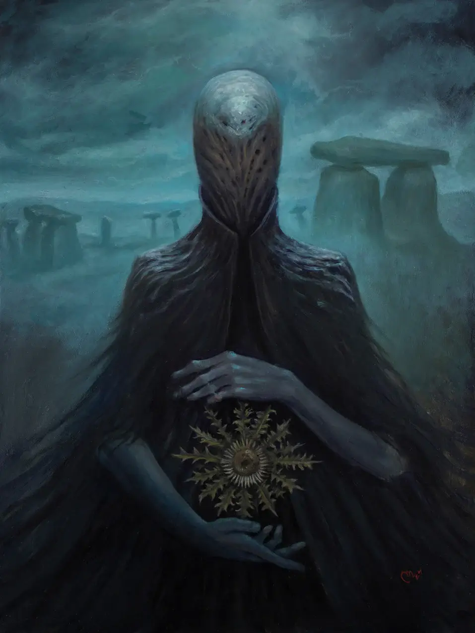 A dark, eerie painting depicts a tall, hooded figure with a featureless, textured face standing in a misty, teal-hued…