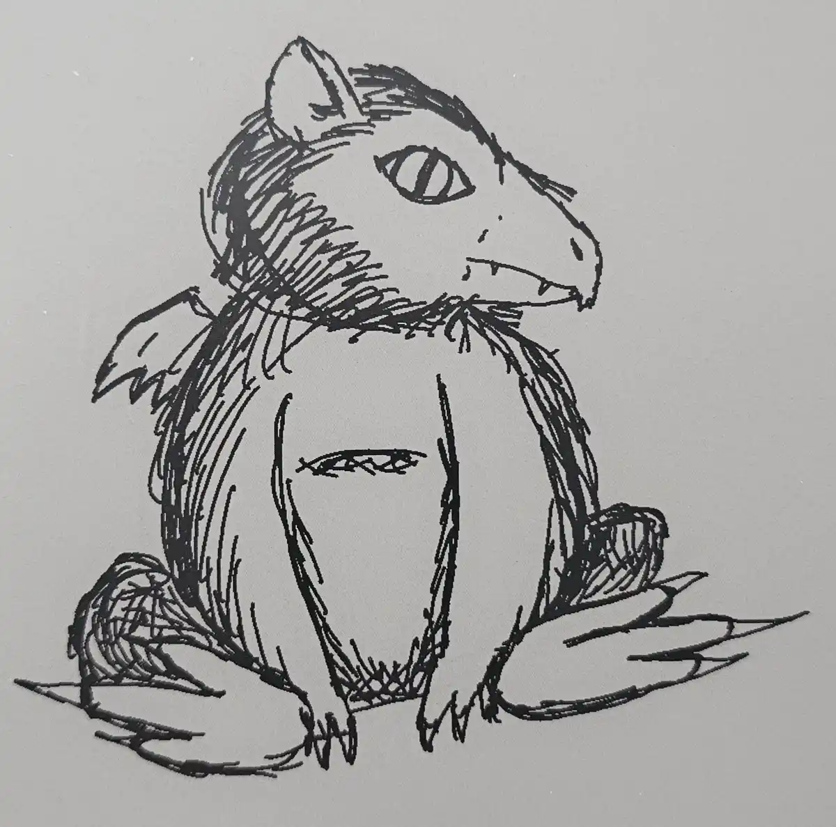 A black-and-white sketch shows a creature with a cat's face, pointed ears, and whiskers, but with a dragon's body, wings…