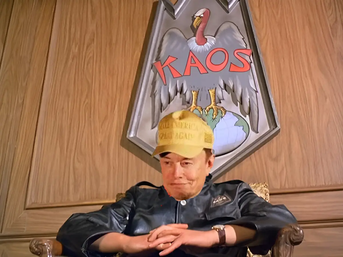 A man with a smug expression, wearing a yellow 'make america great again' cap and a black leather jacket, sits in an ornate…