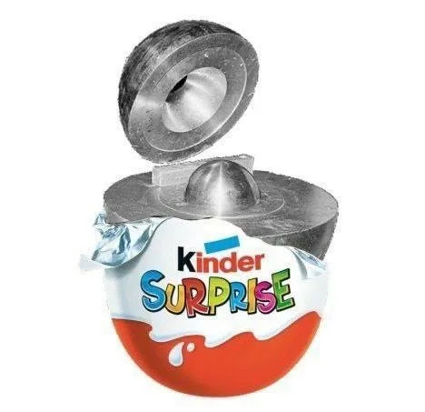 A Kinder Surprise egg is shown with its foil wrapper partially peeled back and its top lid removed, revealing a large…