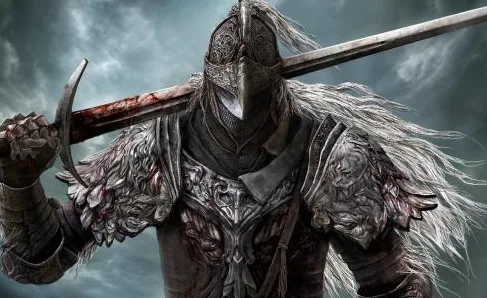 A heavily armored, masked warrior with long white hair and a bloodied sword slung over his shoulder stands against a dark…