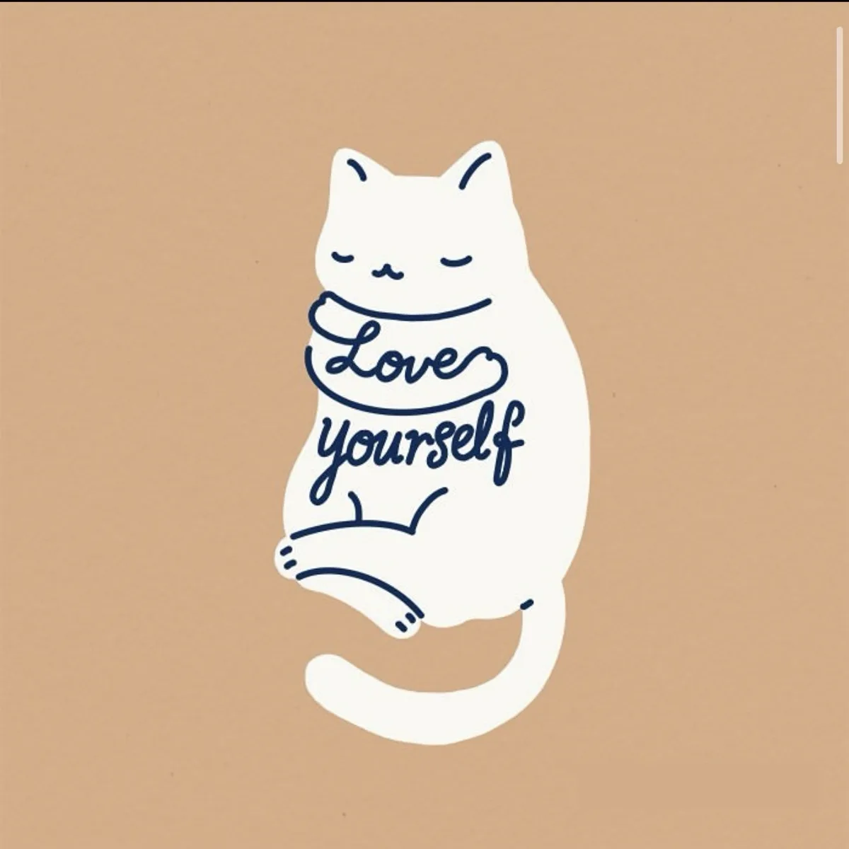 A minimalist illustration of a white cat sitting calmly with its eyes closed, hugging itself in a self-soothing pose. The…