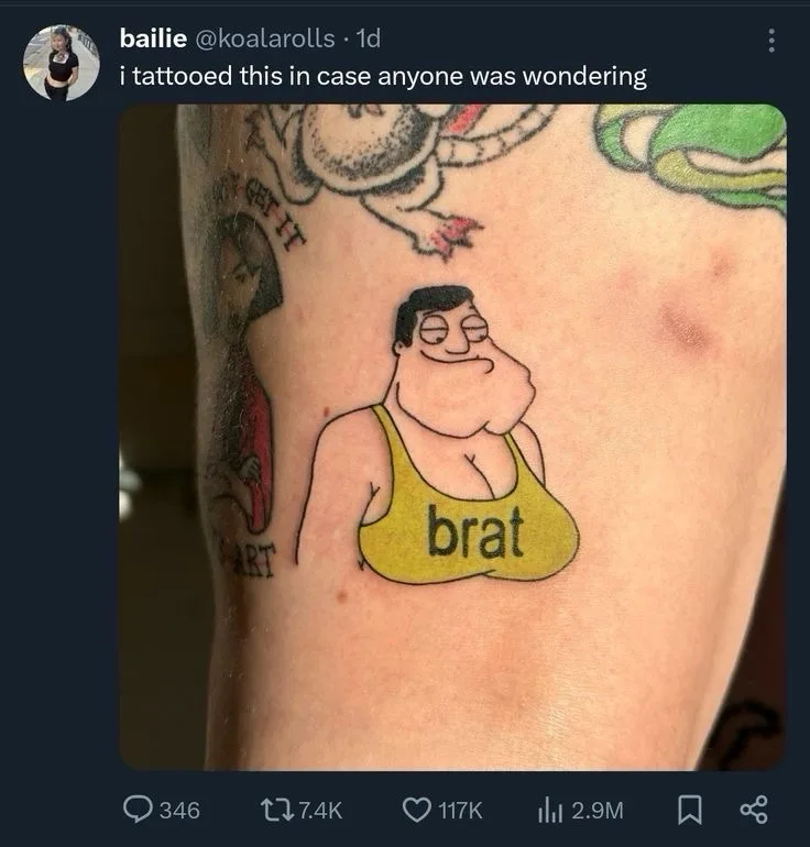 A close-up photo shows a tattoo on a person's arm featuring the cartoon character Peter Griffin from Family Guy, depicted in…