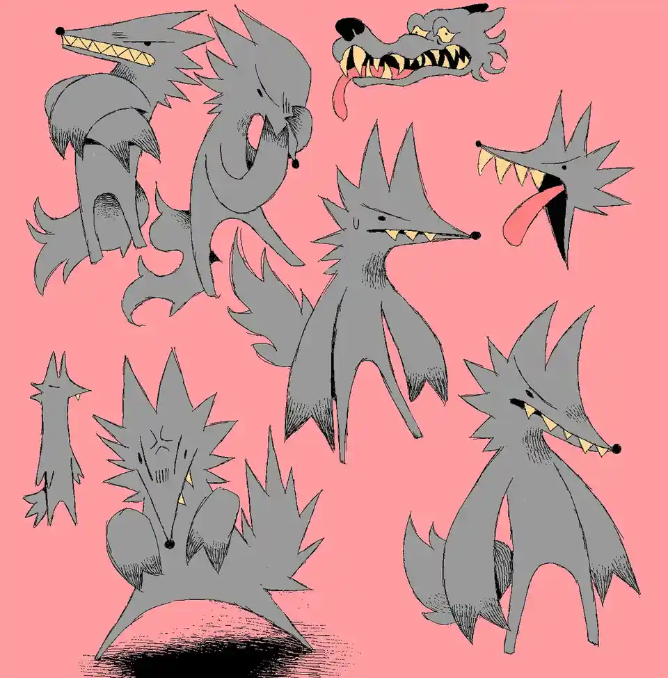 The image displays multiple cartoon-style gray wolf illustrations against a pink background, showing various poses and…