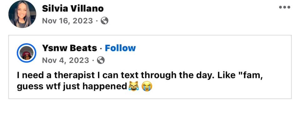 A screenshot of a Facebook post by user Ysnw Beats from November 4, 2023, expressing a humorous desire for a therapist who…