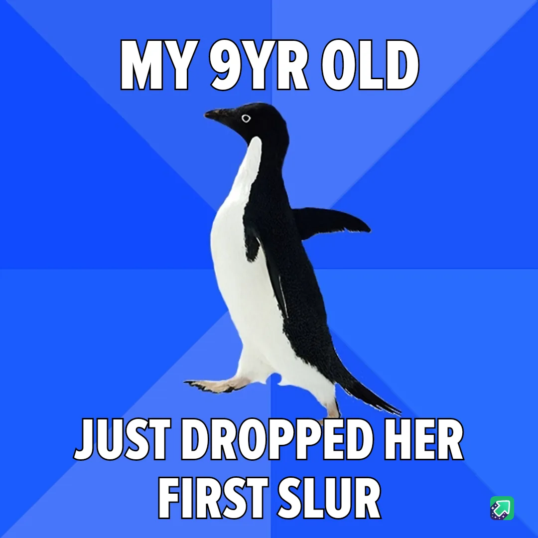 A black-and-white penguin stands against a blue background with diagonal stripes. The text reads 'MY 9YR OLD' at the top and…