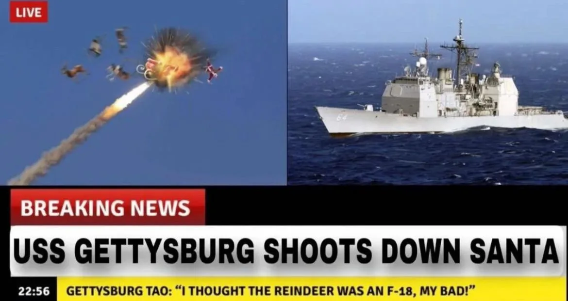 The image is a split-screen news broadcast. The left side shows a cartoonish Santa Claus in a sleigh being shot down by a…