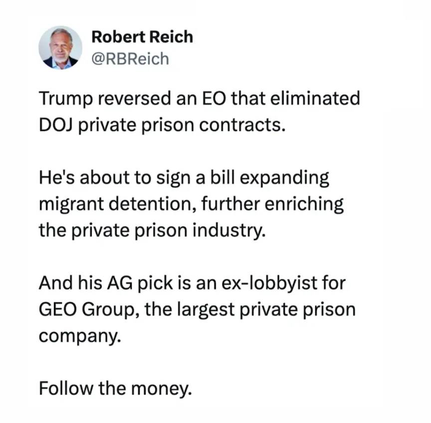 A screenshot of a tweet by Robert Reich (@RBRich) detailing how Trump reversed an executive order, plans to sign a bill…