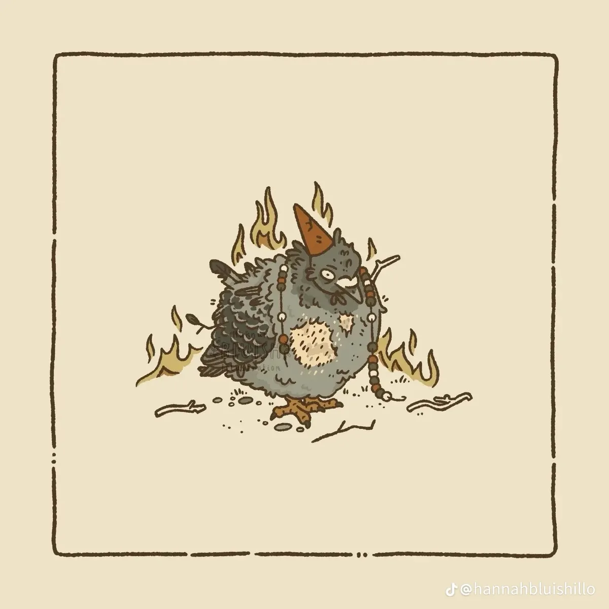 A cartoon pigeon wearing a brown party hat and a rosary necklace stands amidst small flames, looking distressed with wide…