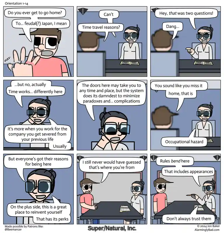 A six-panel comic strip shows a man in a pink shirt asking if he can go home, which leads to a conversation with a woman in…