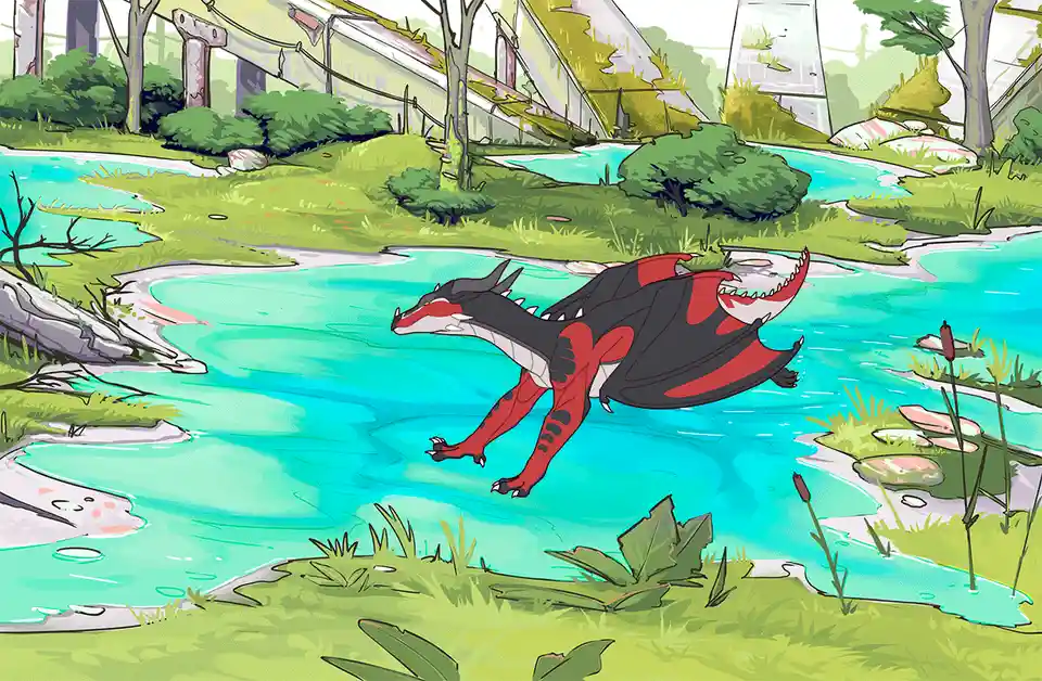 A red and black dragon is depicted in six sequential panels walking through a shallow, turquoise stream in a forested area…