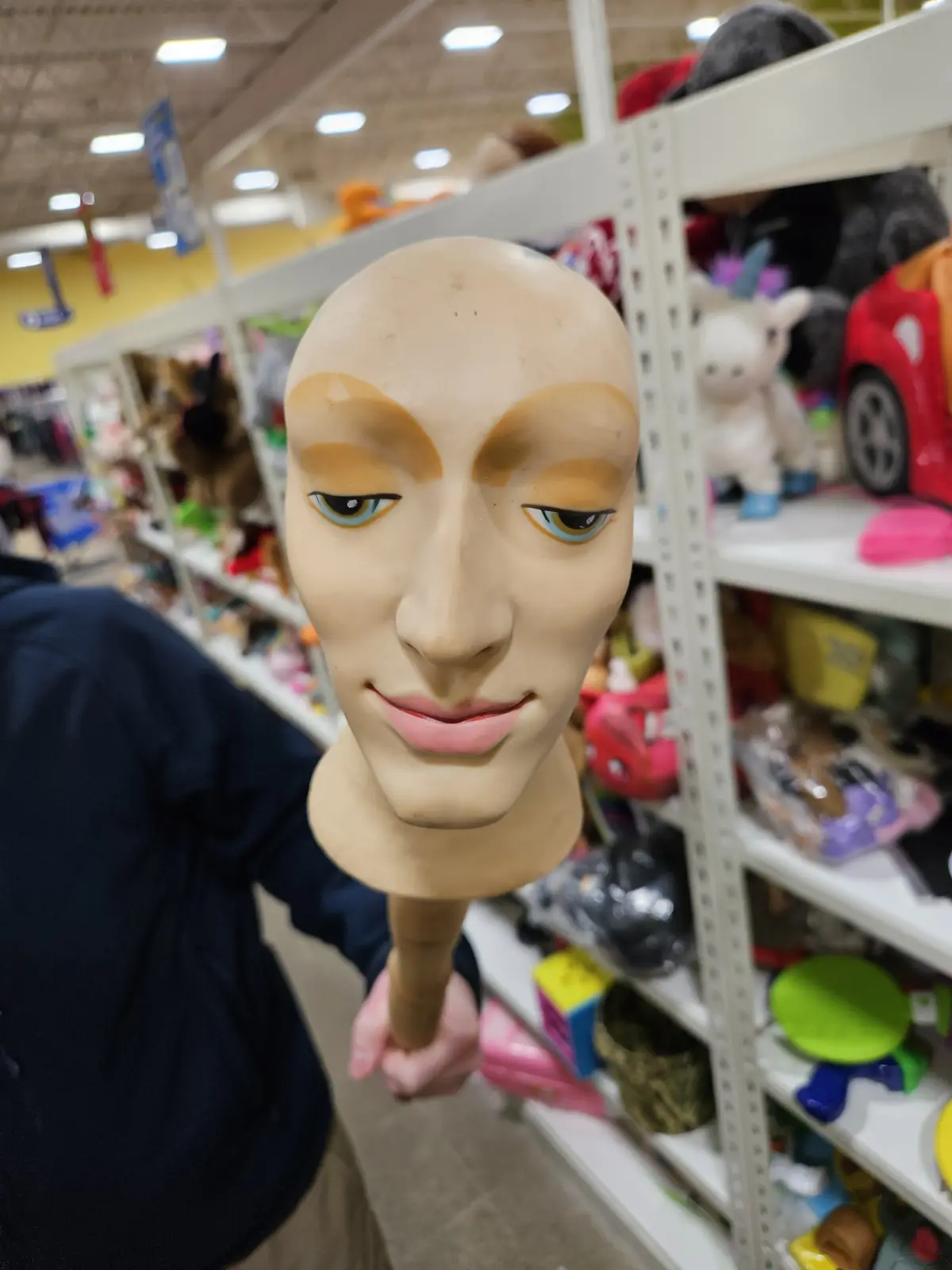 A person in a store holds up a mannequin head with painted-on eyebrows and eyes, looking directly at the camera. The…