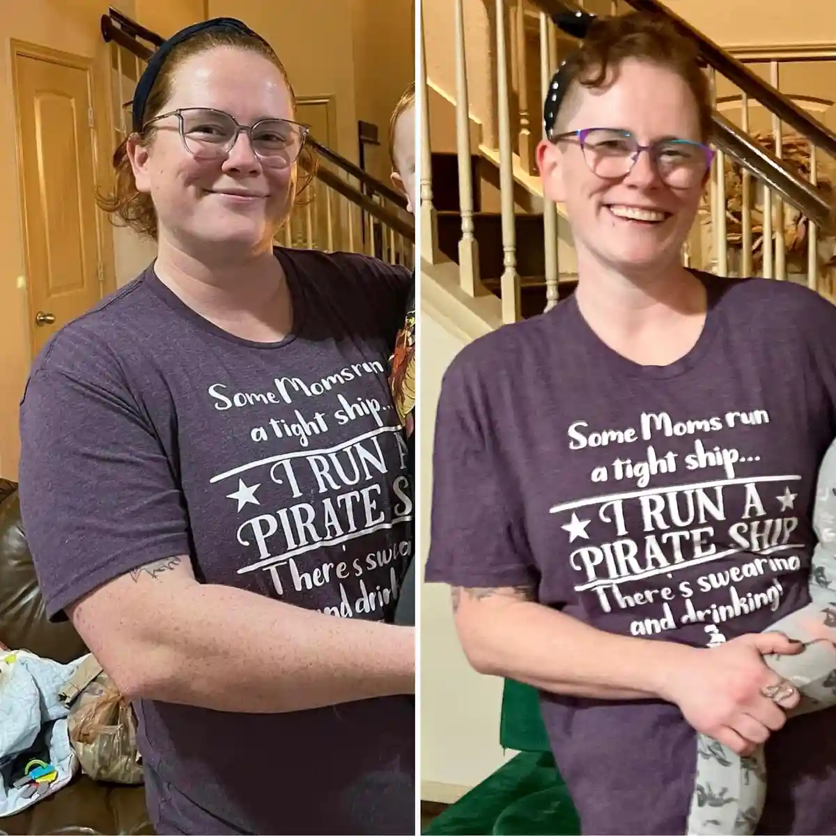 A side-by-side photo shows a woman in a purple t-shirt with the text 'Some Moms run a tight ship... I RUN A PIRATE SHIP…