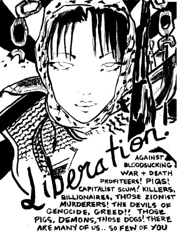 A black-and-white manga-style illustration of a young person with braided hair, wearing a headscarf and a textured top…