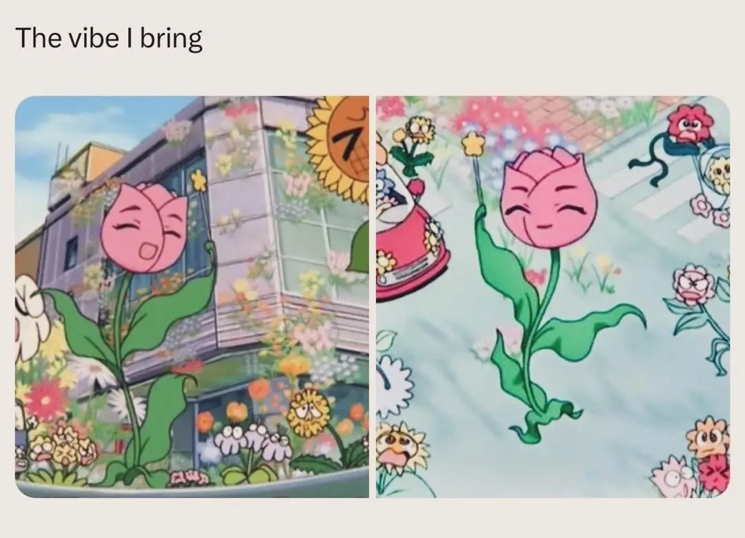 The image is split into two panels showing a cheerful pink tulip character from the anime 'Flower of the Sun' with a happy…