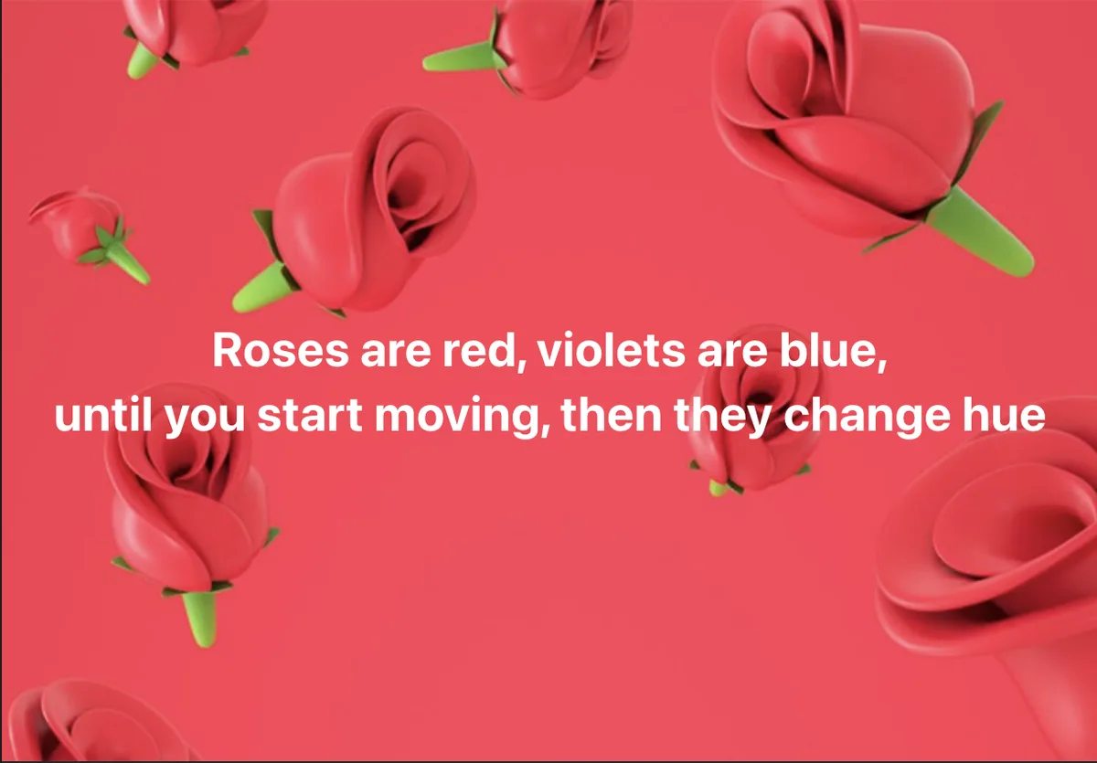 The image displays multiple 3D-rendered red roses with green stems floating against a solid pink background. White text…