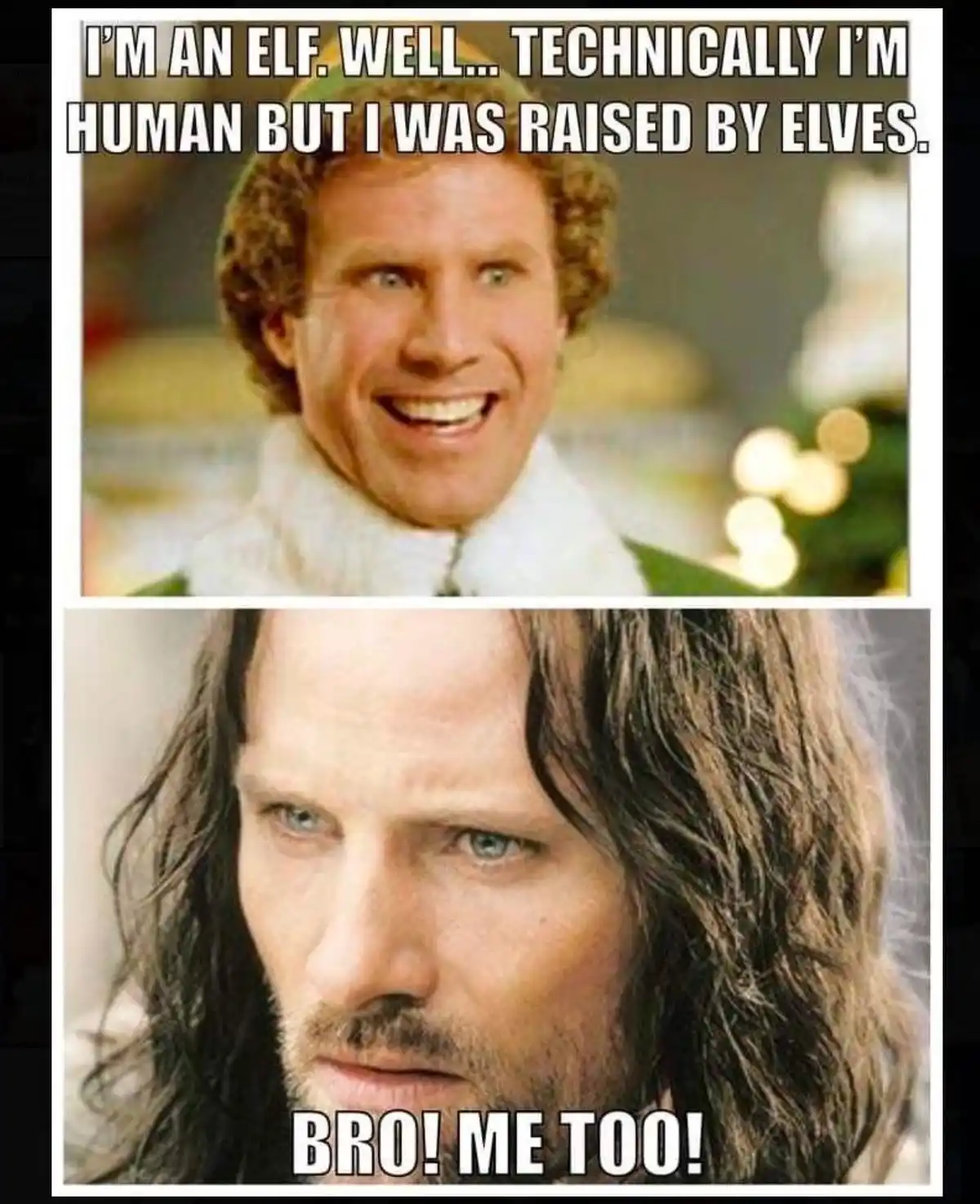 The top panel shows a smiling man in a green elf hat and white fur collar, with text claiming he's technically human but…