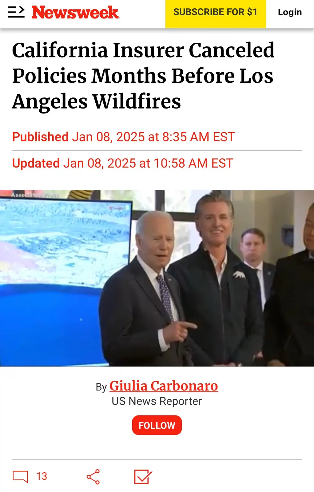 A screenshot of a Newsweek article with a headline about a California insurer canceling policies before wildfires, overlaid…