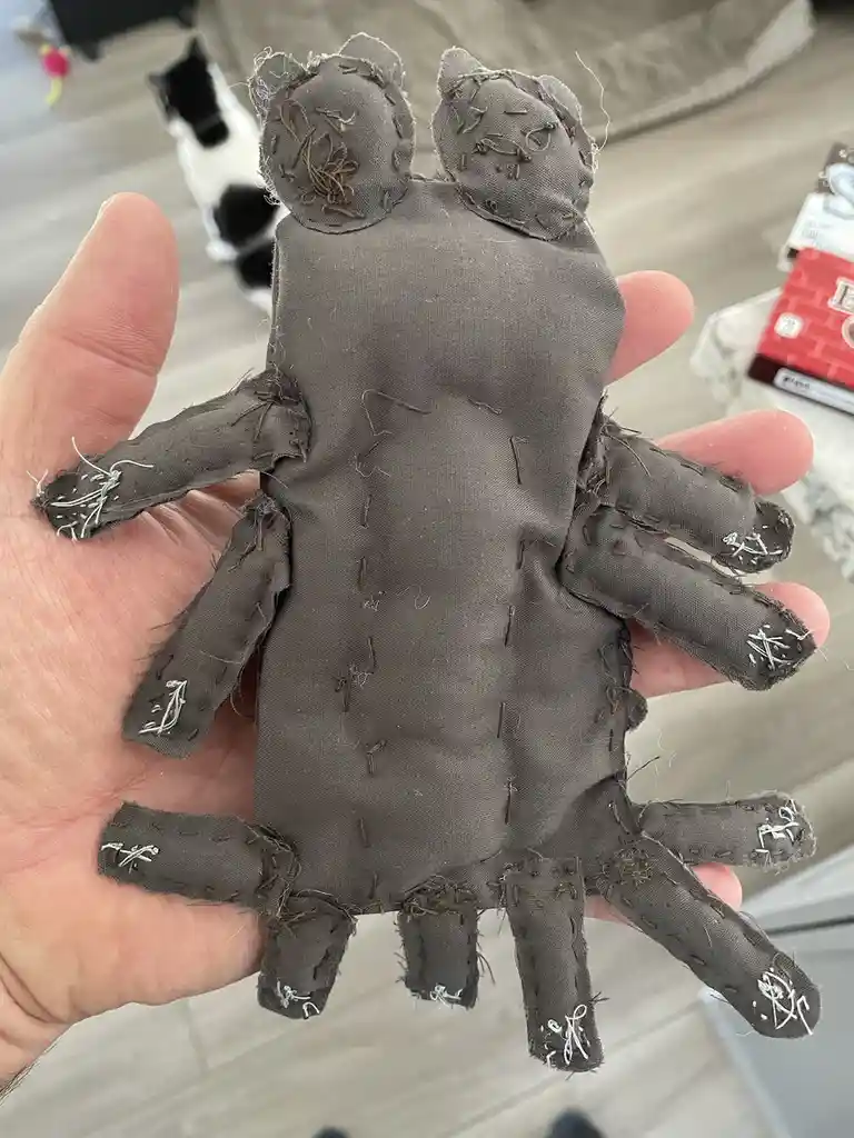 A hand holds a crude, grey fabric cat made from a glove, with stitched-on ears and multiple finger-like limbs extending from…