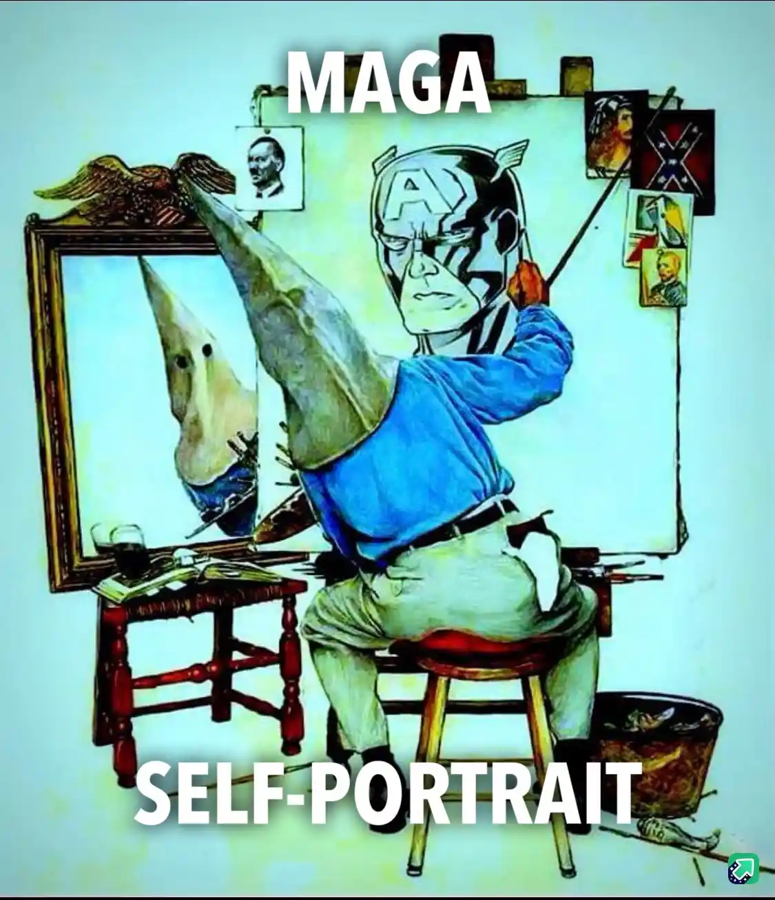 A man in a blue shirt and khaki pants sits on a stool painting a self-portrait on an easel, but his reflection in a nearby…