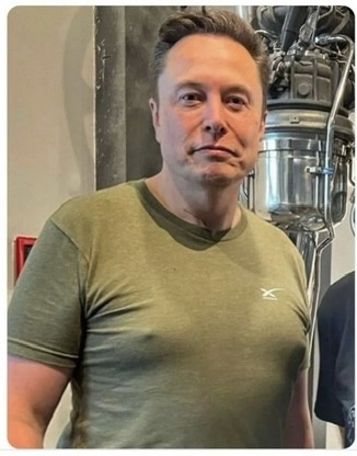 A man with dark hair and a green t-shirt stands in front of a large, complex rocket engine. The overlaid text reads 'elons…