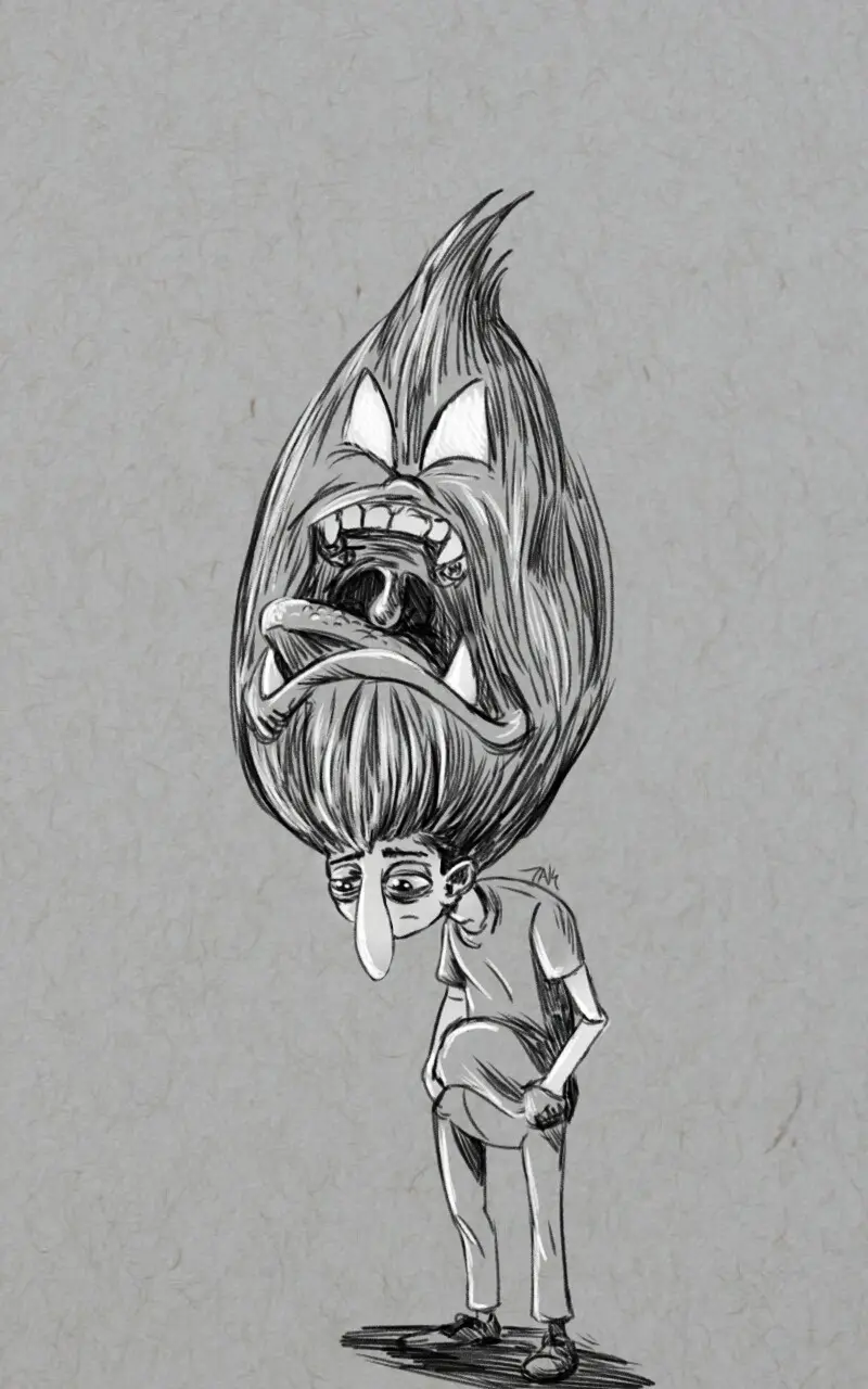 A black-and-white sketch shows a person with a large, angry, monstrous face erupting from the top of their head, while their…
