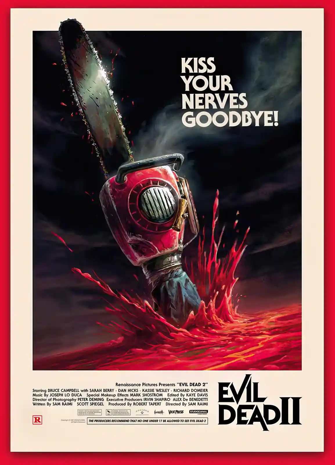 The image is a movie poster for 'Evil Dead II' featuring a chainsaw emerging from a pool of blood with the tagline 'KISS…