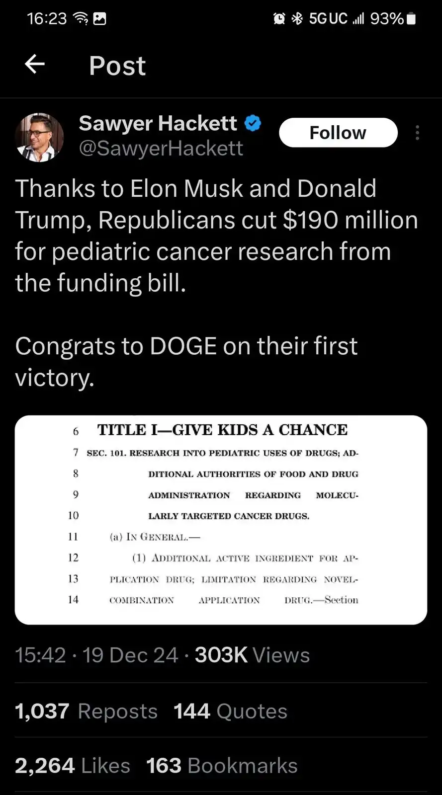 A screenshot of a Twitter post by Sawyer Hackett showing a legislative text snippet titled 'TITLE I—GIVE KIDS A CHANCE'…