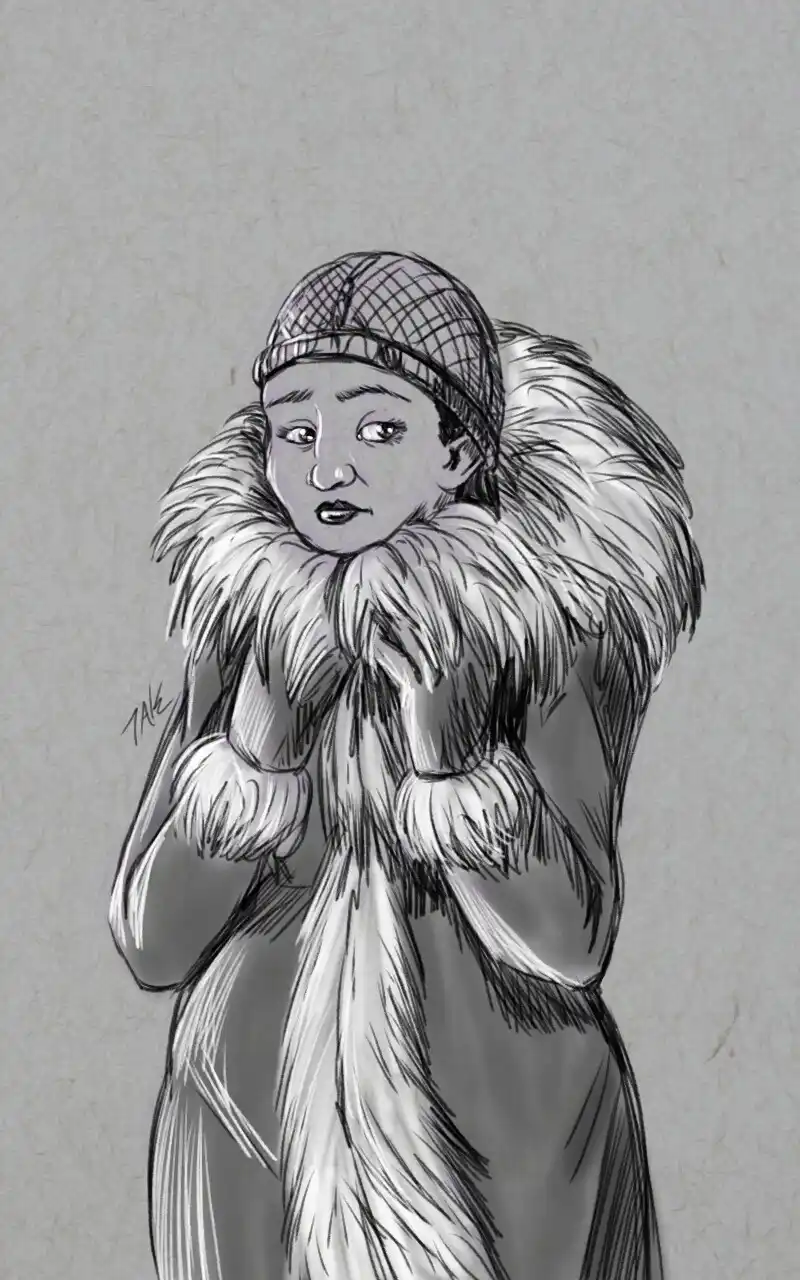 A black-and-white sketch depicts a person wearing a heavy fur coat with a large fur collar and a knit hat, hugging…