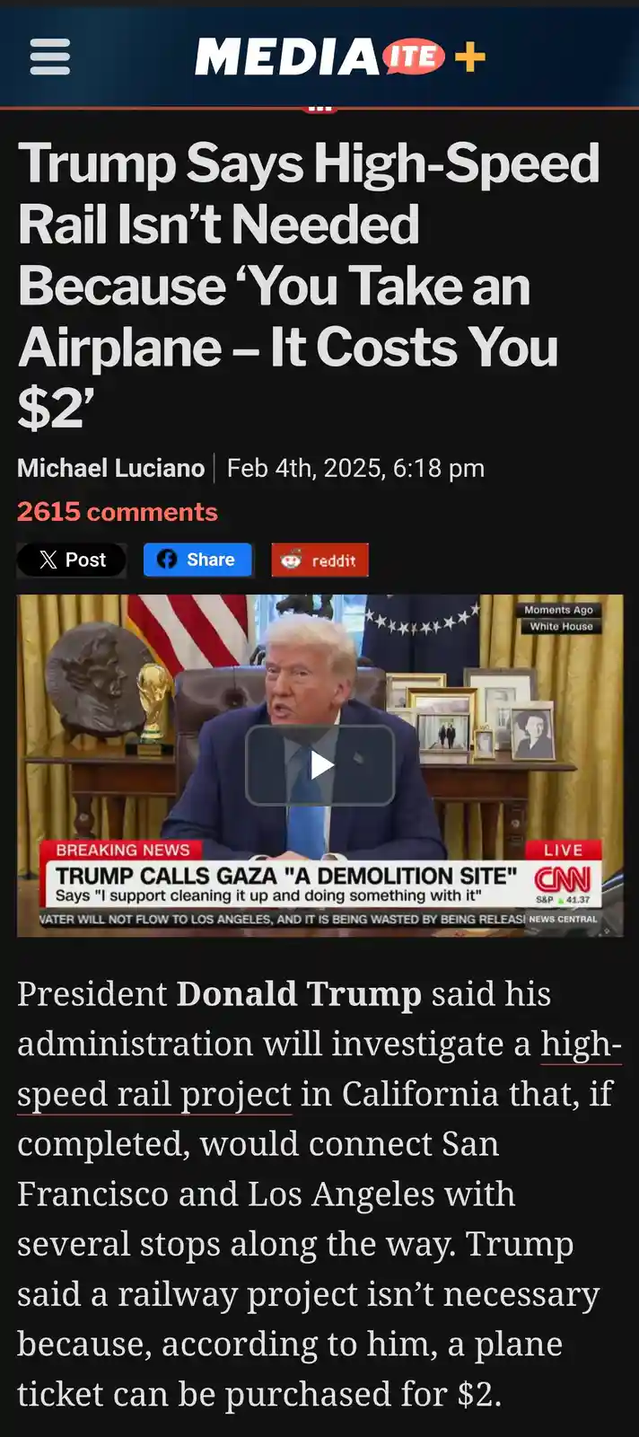 A screenshot of a Mediaite news article from February 4th, 2025, featuring a video of Donald Trump speaking from the White…