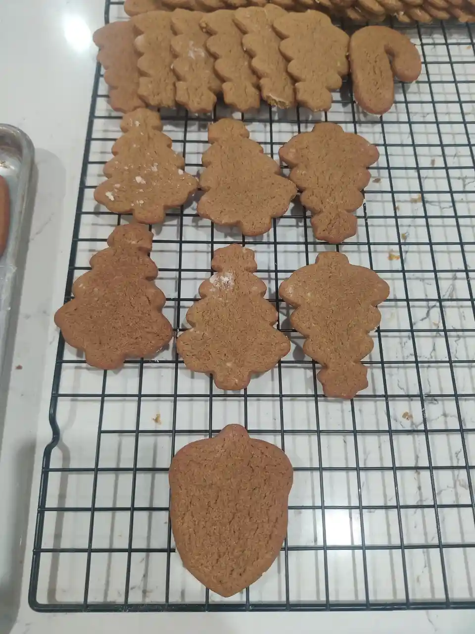A black wire cooling rack holds freshly baked gingerbread cookies shaped like Christmas trees, candy canes, and acorns…
