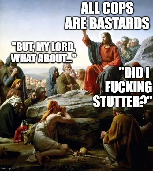 A classical painting depicts Jesus Christ seated on a rock, addressing a crowd of followers. One man kneels before him…